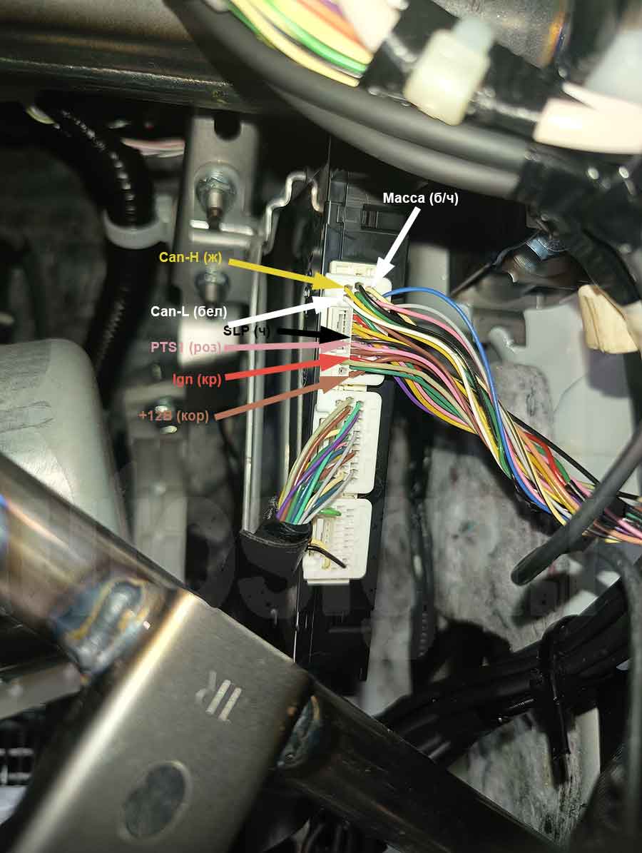 Toyota Corolla 2022 – верхний разъём блока keyless с точками подключения питания, массы, CAN, зажигания, SLP и PTS1